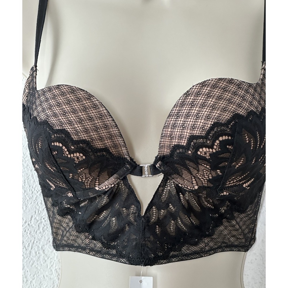 Adore Me Bra 32 D Balconette Black Tan Lace Rhinestone Feminine‎ Sexy